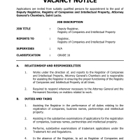 Deputy Registrar, Registry of Companies and Intellectual Property, Attorney General’s Chambers, Saint Lucia.